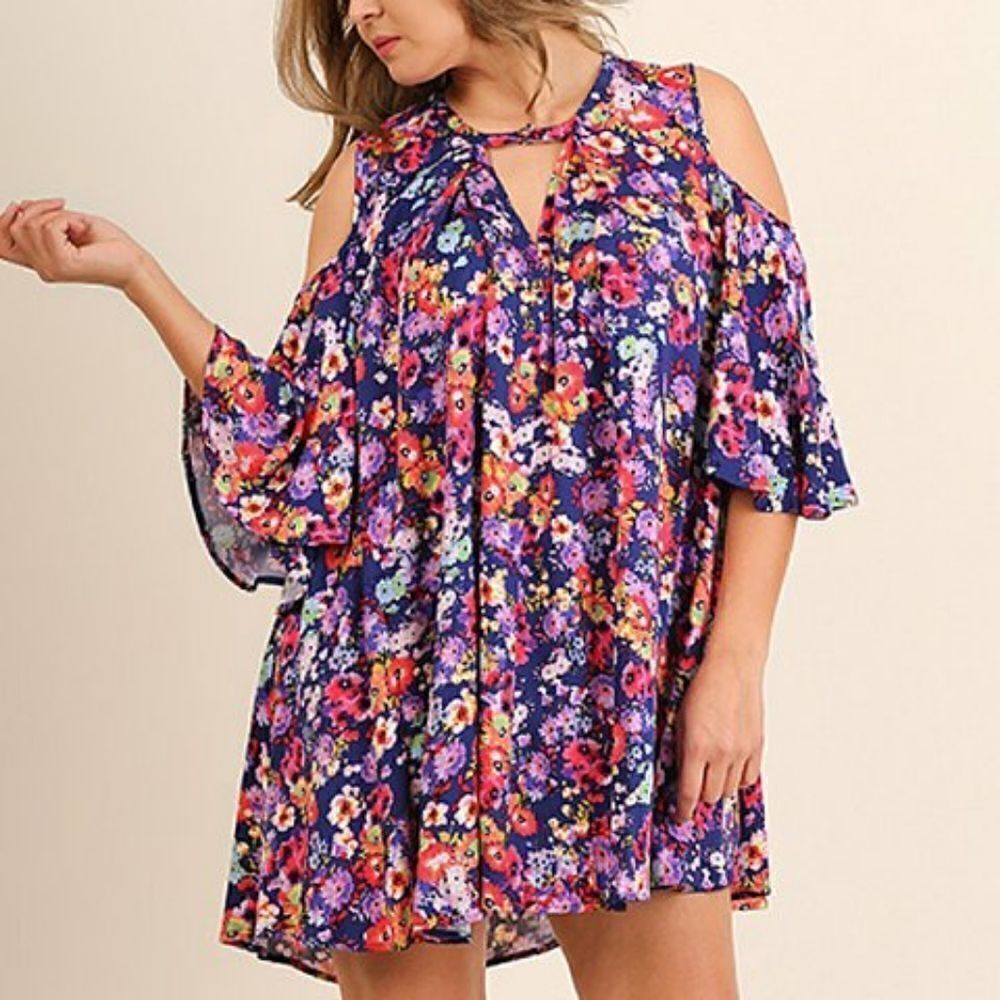 Umgee Navy Floral Keyhole Cold-Shoulder Tunic